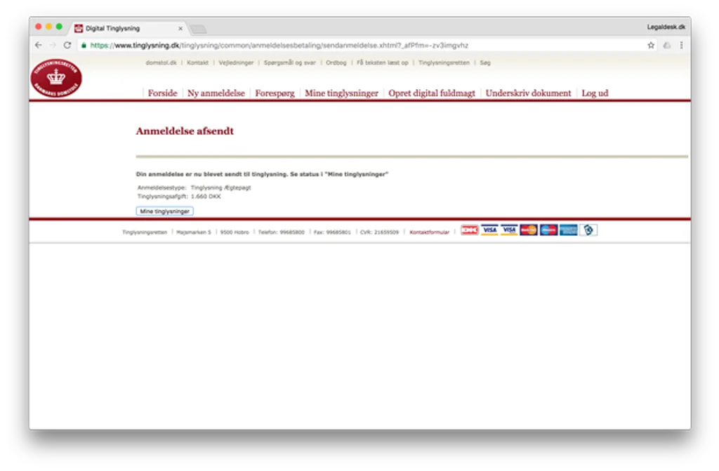 Ægtepagten er sendt til tinglysning